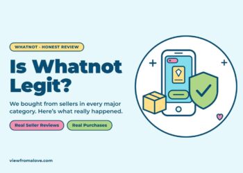 Is Whatnot Legit? Honest review graphic showing a phone with a Whatnot-style live auction, a green check-mark shield and a shipping box