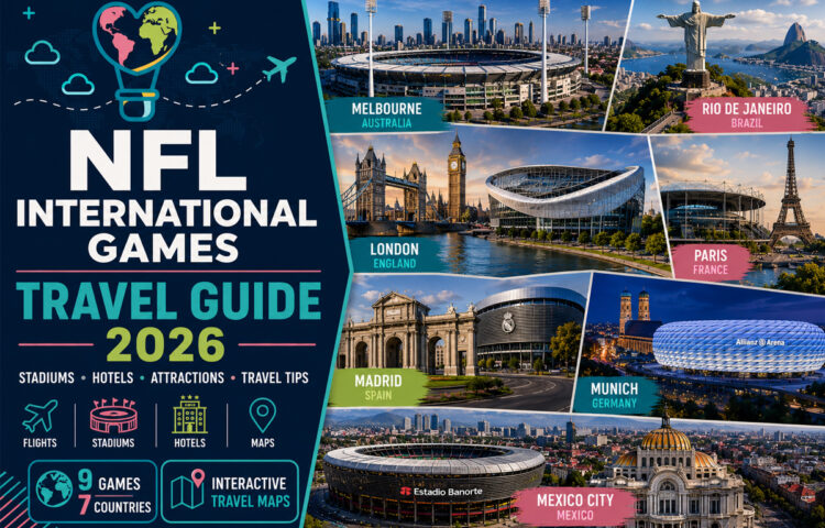 NFL International Games Travel Guide 2026 featuring all nine games, seven host countries, stadiums, hotels, and travel planning