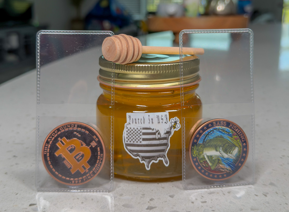 Colorized copper coins and organic honey purchased from PouredInUSA on Whatnot