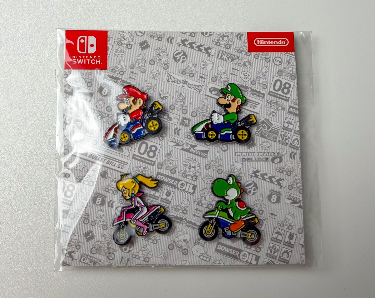 Mario Kart collectible pins purchased from JandSGames in the Whatnot Video Games category